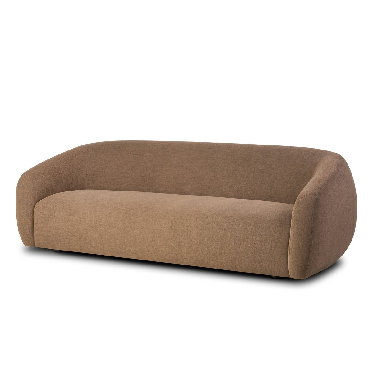 The Rounded 100" Sofa is a modern, minimalist brown fabric piece with a curved back and armrests, a smooth seamless design, and no visible legs. Contact us for detailed dimensions.