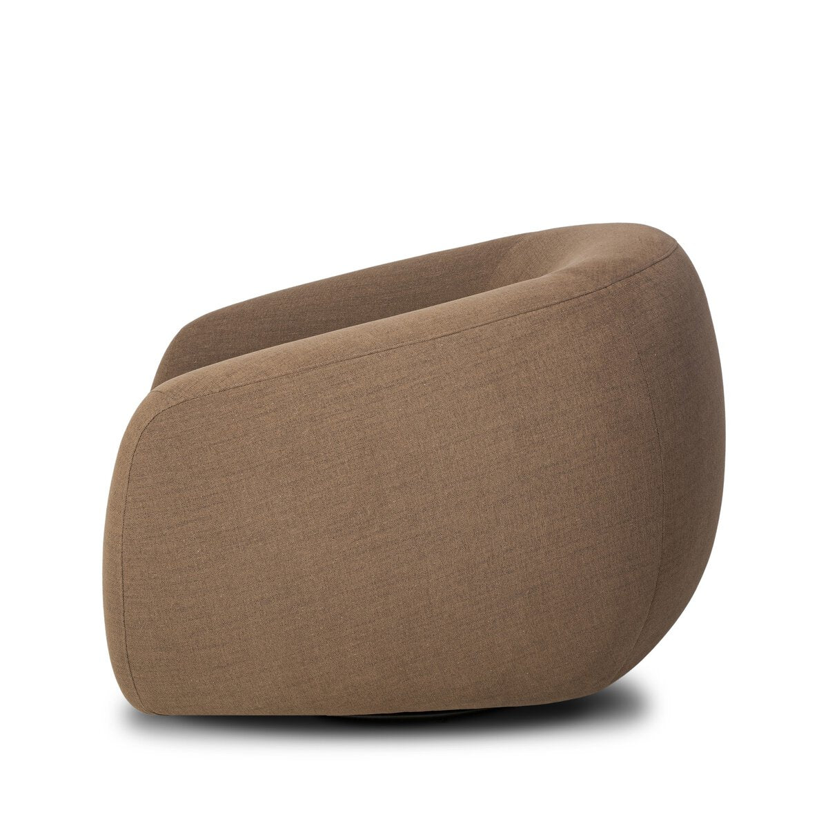 The Curved Swivel Chair, shown from the side against a white background, features a modern design with brown upholstery, a rounded cocoon shape, sleek lines, and compact dimensions.