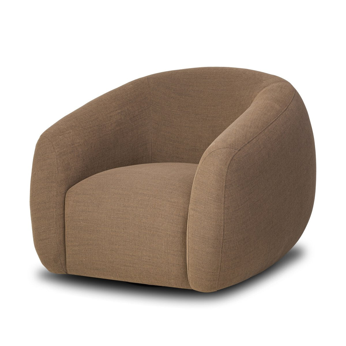 The Curved Swivel Chair features modern, rounded arms, smooth brown upholstery, and a low, wide seat. Shown against a white background; overall dimensions are 38.50"w x 41.25"d x 30.75"h.