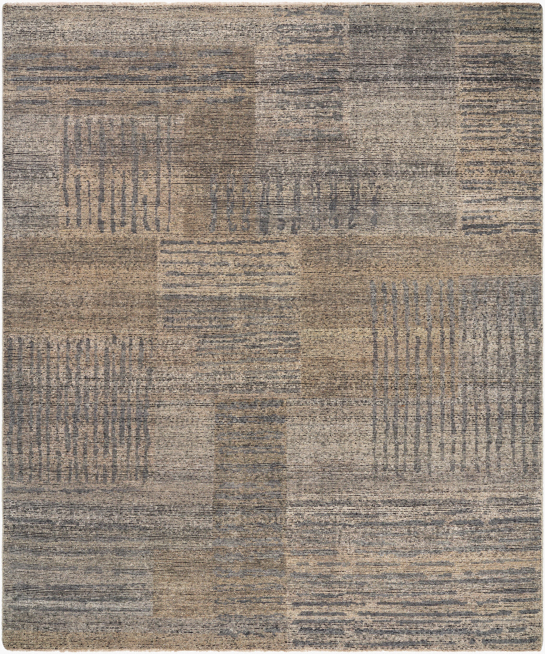 The Criss Cross Lines Rug - 8 x 10 is a hand-knotted wool area rug with a patchwork pattern in muted brown, beige, and gray tones, featuring subtle linear and textured designs within each section.