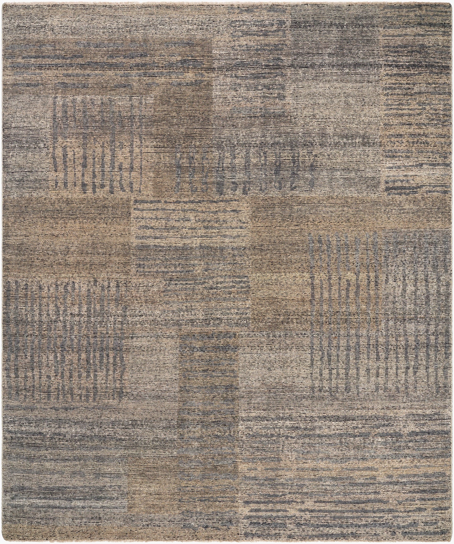 The Criss Cross Lines Rug - 8 x 10 is a hand-knotted wool area rug with a patchwork pattern in muted brown, beige, and gray tones, featuring subtle linear and textured designs within each section.