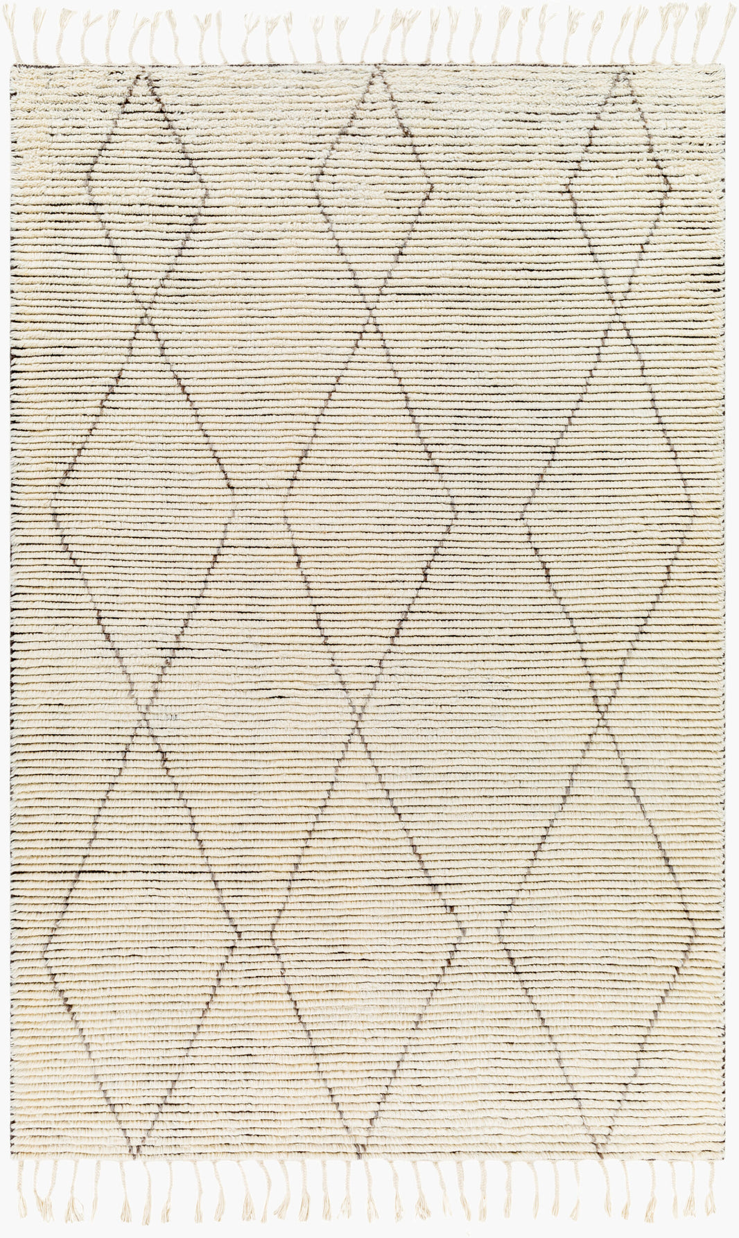 The Diamond Fringe Rug Ivory - 8 x 10 is a cream hand-knotted wool rug with subtle dark diamond patterns, horizontal lines, and short fringe tassels on the top and bottom edges.