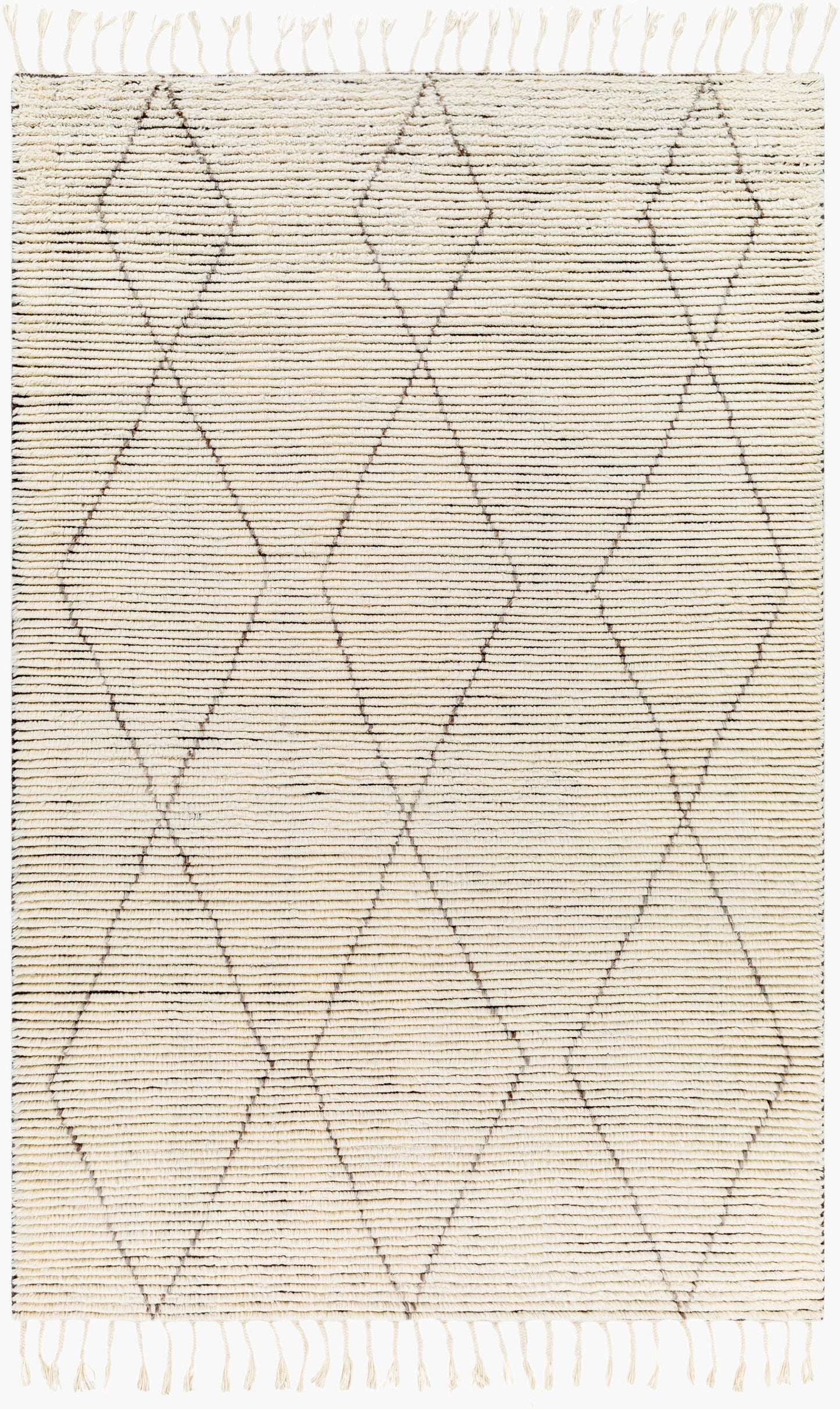 The Diamond Fringe Rug Ivory - 8 x 10 is a cream hand-knotted wool rug with subtle dark diamond patterns, horizontal lines, and short fringe tassels on the top and bottom edges.
