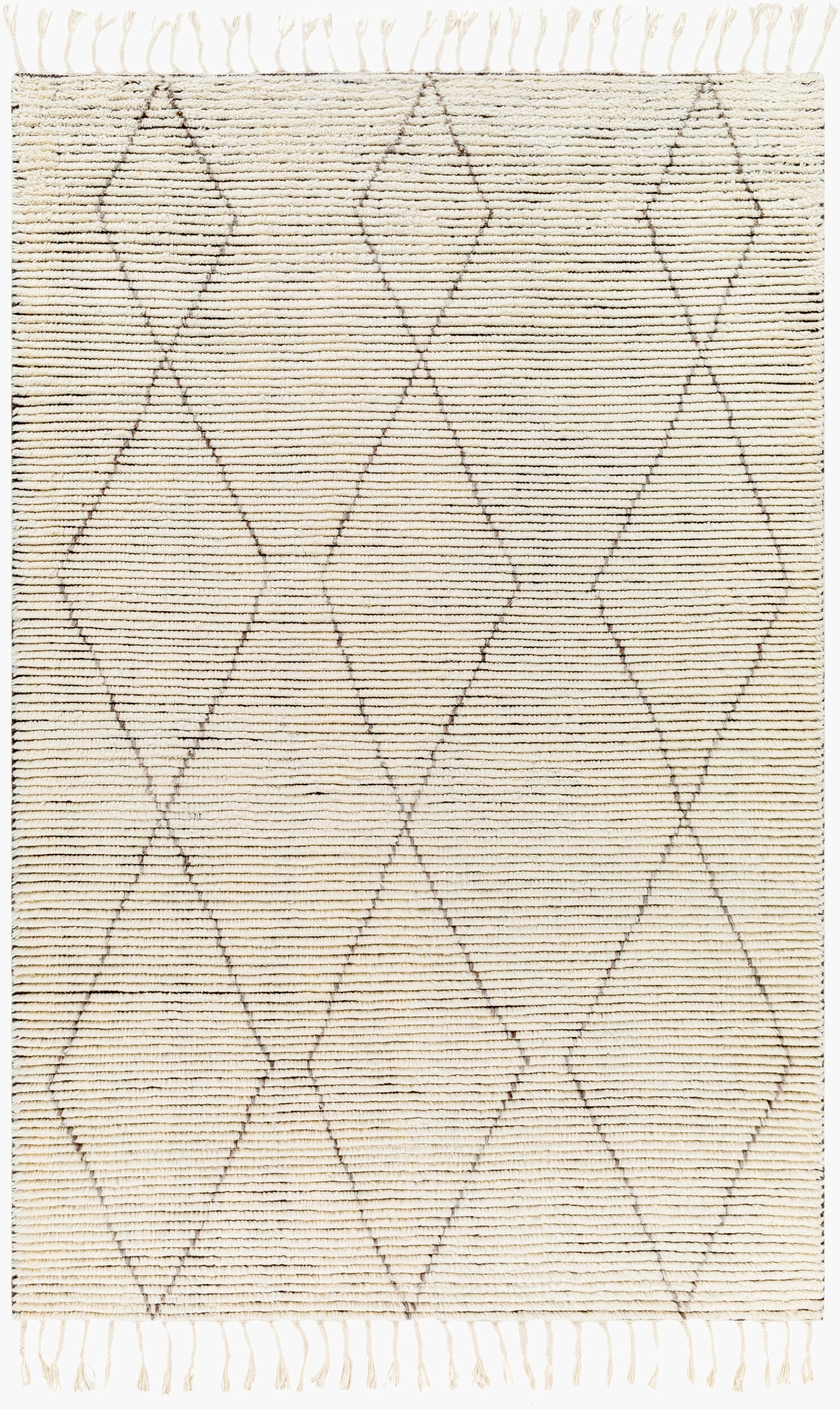 The Diamond Fringe Rug Ivory - 8 x 10 is a cream hand-knotted wool rug with subtle dark diamond patterns, horizontal lines, and short fringe tassels on the top and bottom edges.