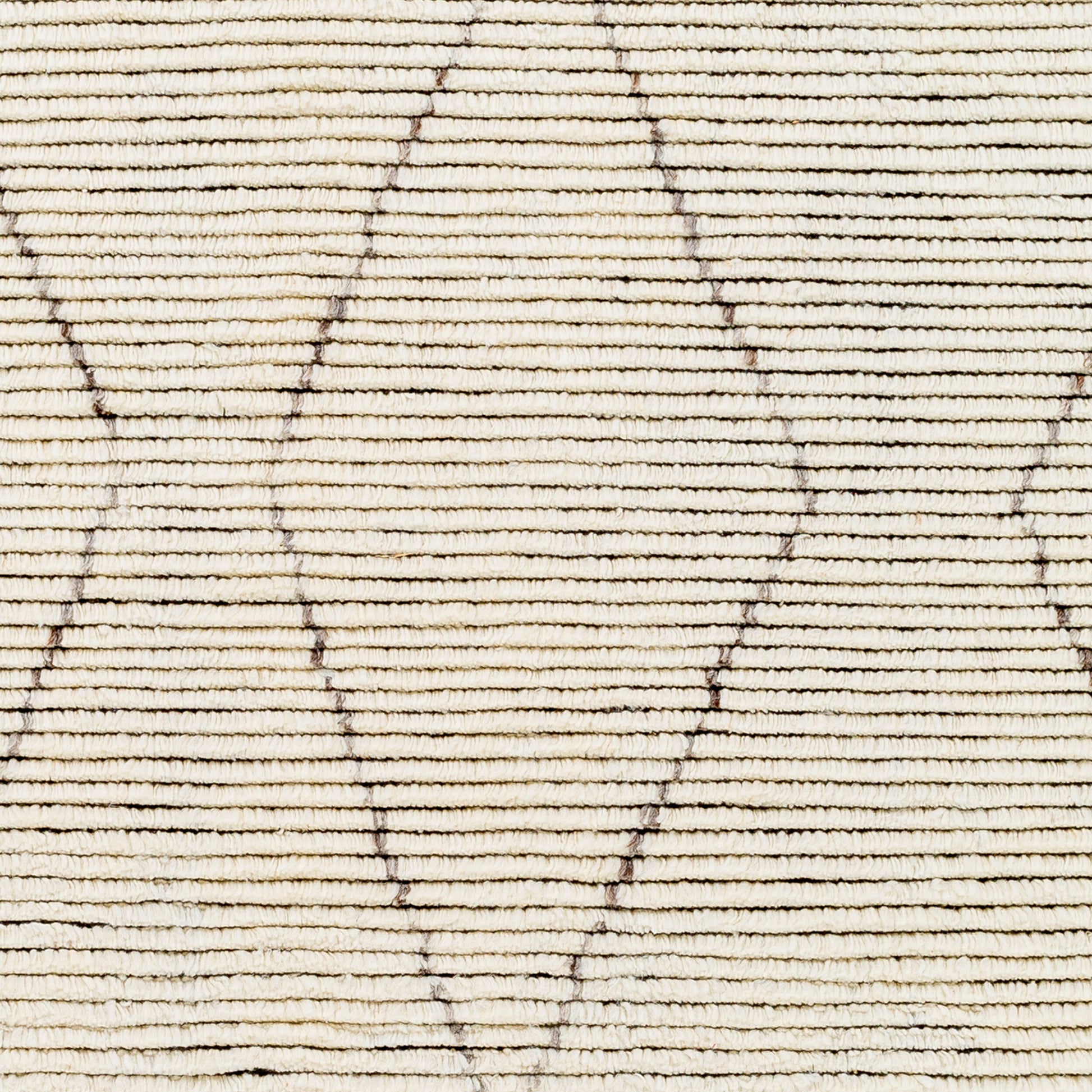 Close-up of the Diamond Fringe Rug Ivory (8 x 10), a hand-knotted wool rug in cream with slim horizontal lines and a subtle diamond pattern formed by darker, slightly irregular lines.