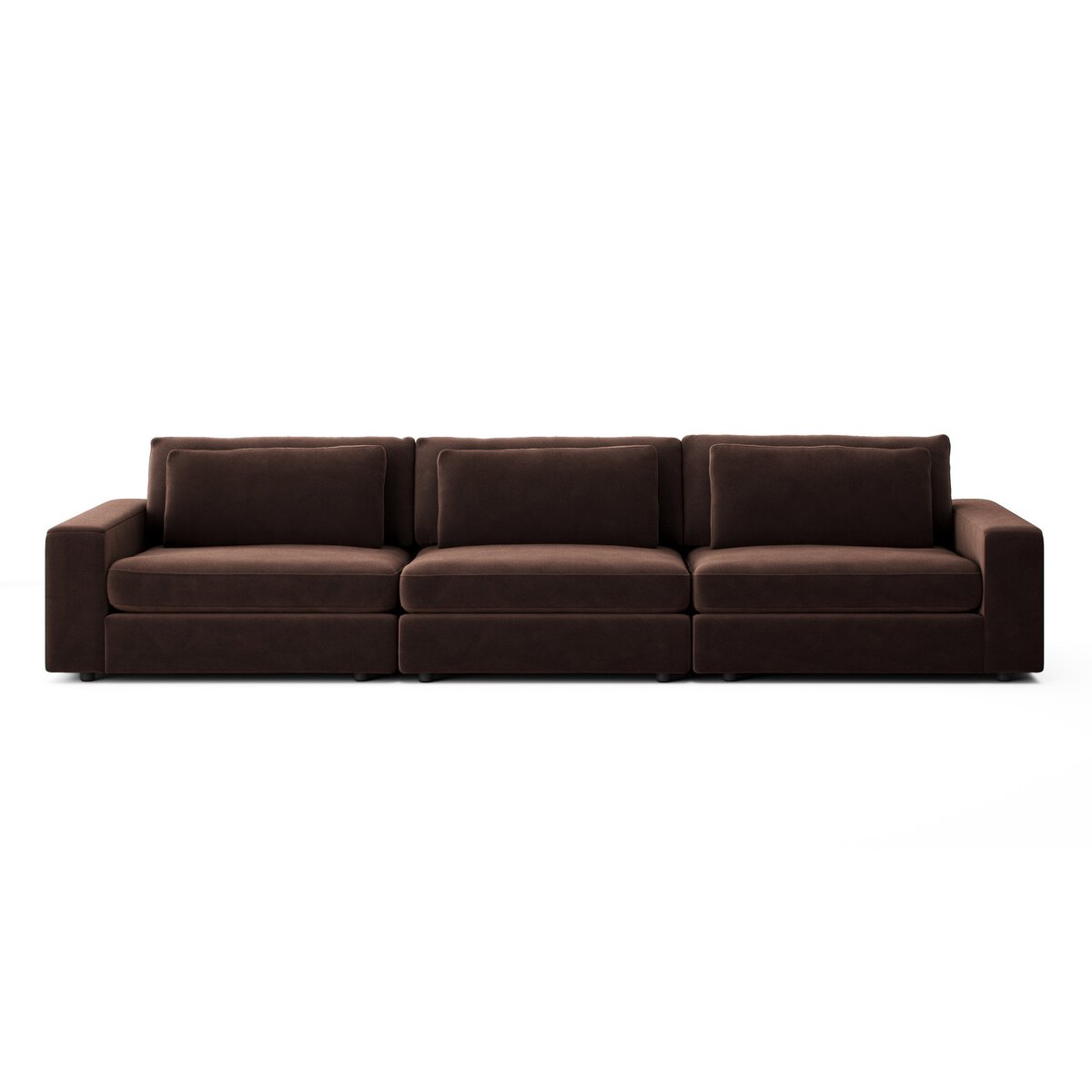 The 3-pc Modern Low Sectional, a three-seater sofa with wide armrests and dark brown upholstery, is displayed against a plain white background.