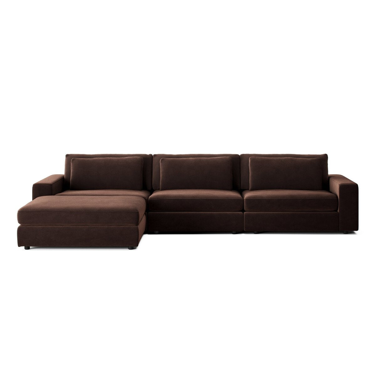 The 3-pc Modern Low Sectional, shown against a white background with highlighted dimensions, features a dark brown finish, three seats, a left-facing chaise lounge, clean lines, and blocky armrests on both ends.