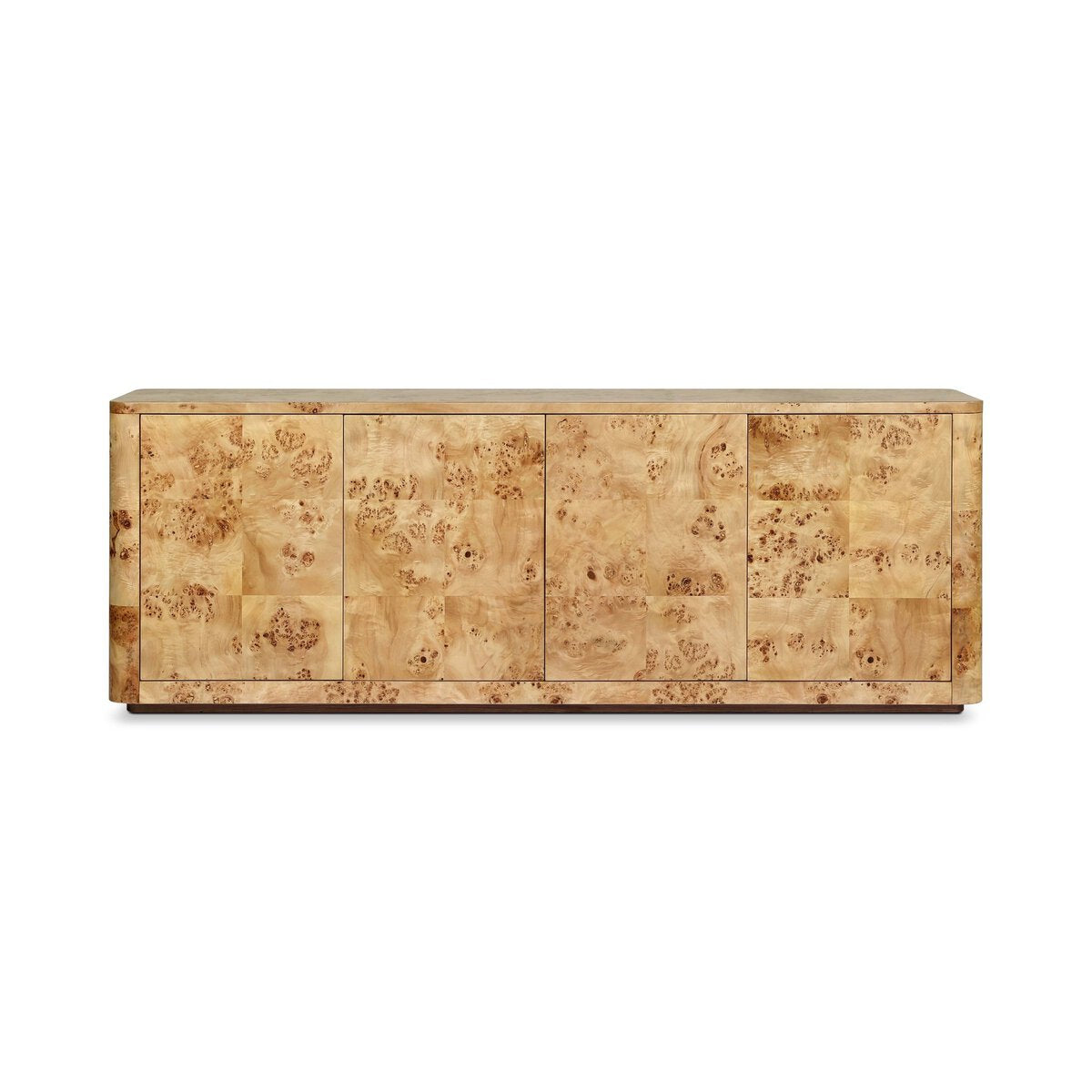 The Natural Burl Media Console features clean lines, four cabinet doors, and is crafted from unique light wood with a natural burl grain, standing on a dark base against a white background.