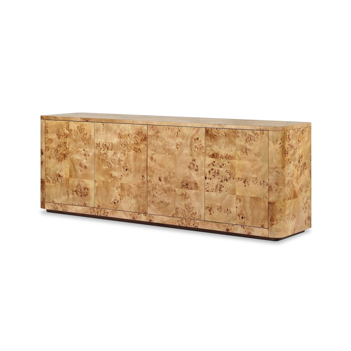 The Natural Burl Media Console features a long, rectangular silhouette with a glossy light wood burl finish, striking wood grain, and four front doors—ideal as a minimalist, stylish media console on a white background.