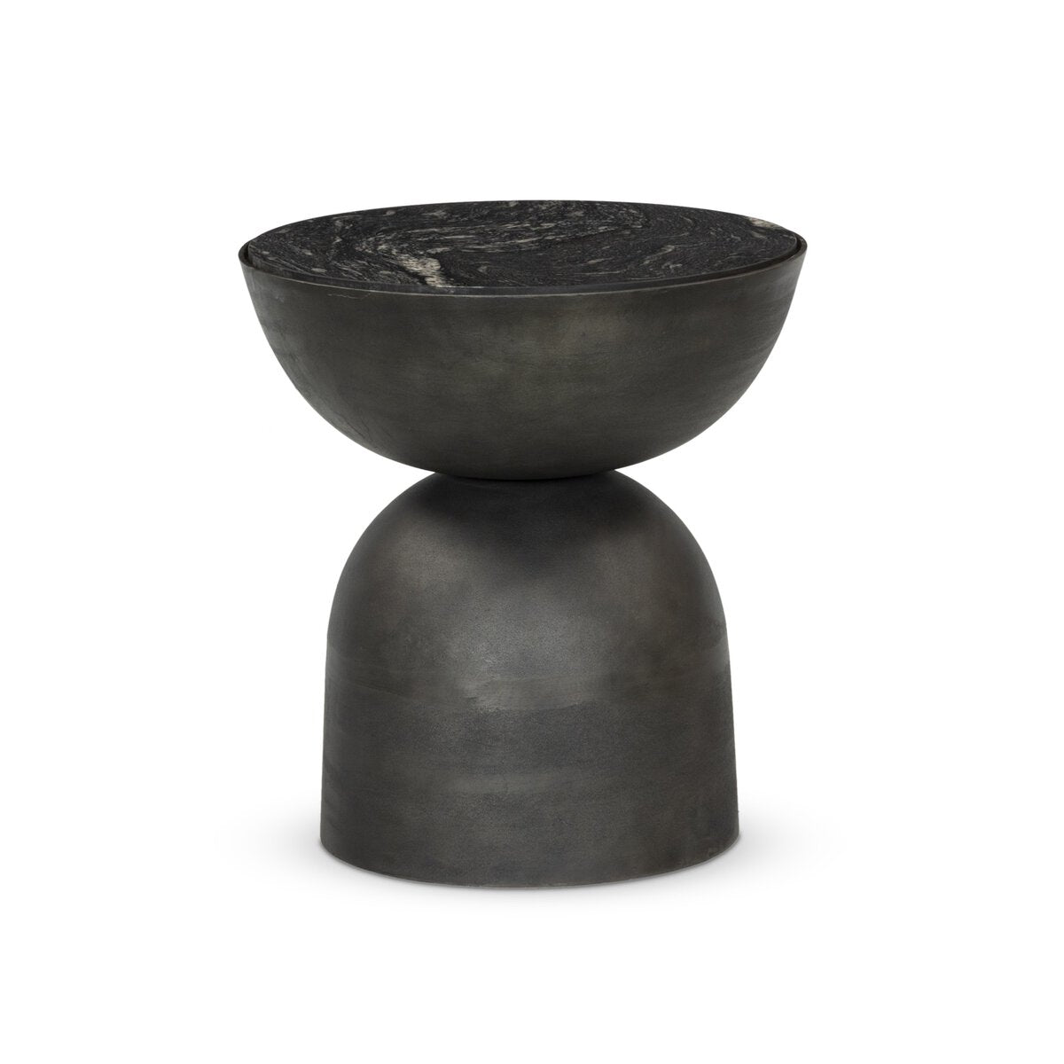 The Aluminum And Marble End Table features a black, sculptural bowl-shaped top and a rounded hammered aluminum base with a matte, stone-like finish, shown against a white background.