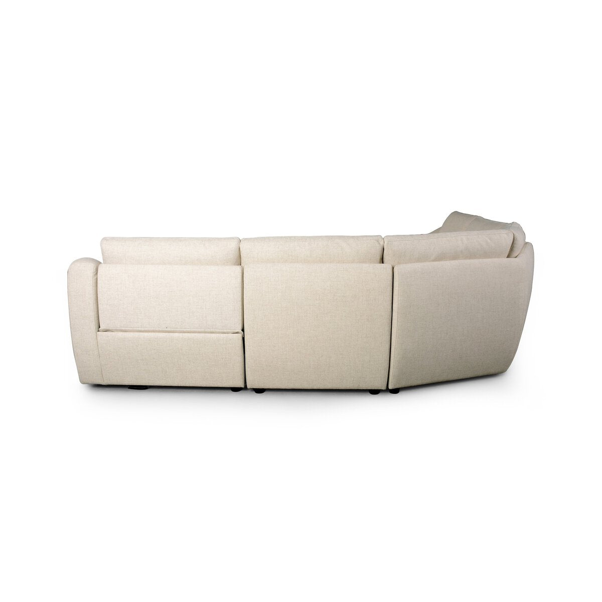 The Recliner 5pc Sectional is a large beige upholstered sofa with three connected sections, clean lines, and plush cushions, shown from the back against a white background.