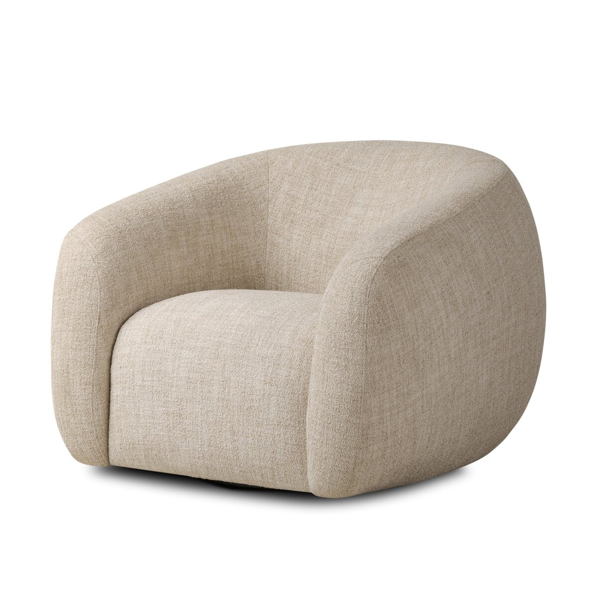 The Curved Swivel Chair features a modern, beige design with soft upholstery, rounded curves, low deep seat, curved armrests, and measures 38.50"w x 41.25"d x 30.75"h.