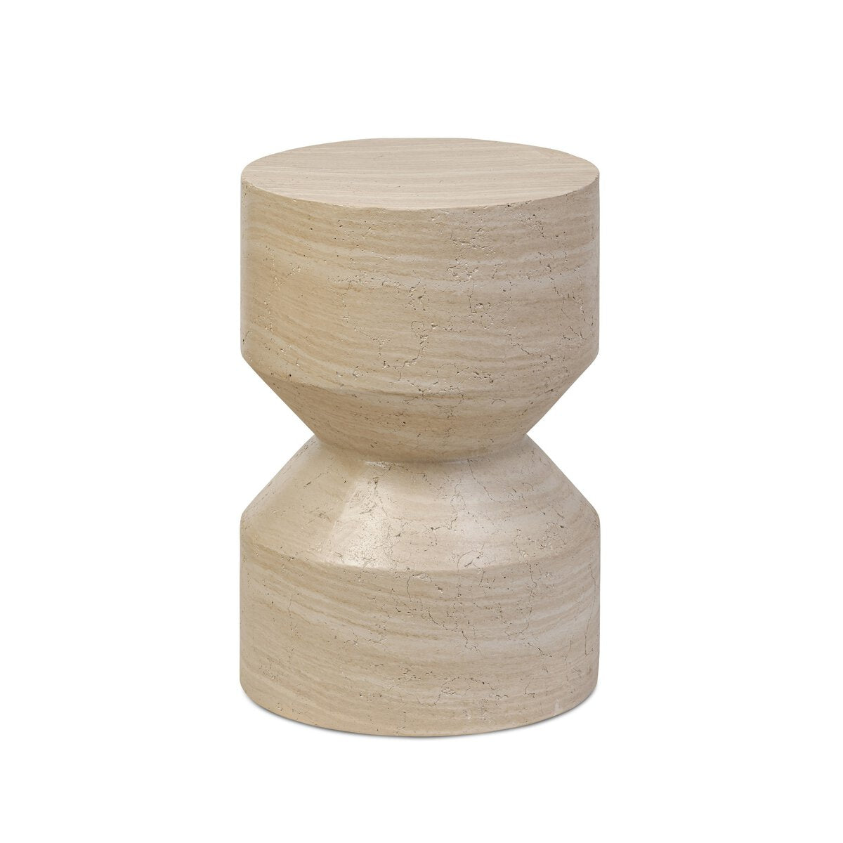 The Concrete End Table in Sand features an hourglass silhouette in beige-toned concrete with a smooth, polished surface and natural veining. This minimalist modern side table is displayed on a white background.