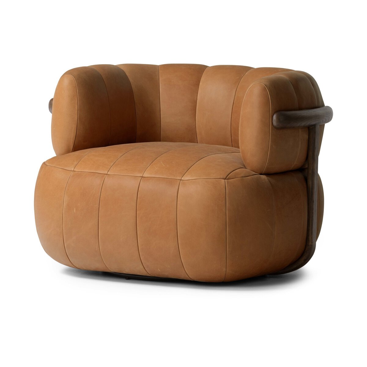 The Media Style Swivel Chair features a modern, oversized design with tan leather upholstery, rounded padded segments, and wooden arm supports—a unique statement piece with generous dimensions for any contemporary space.
