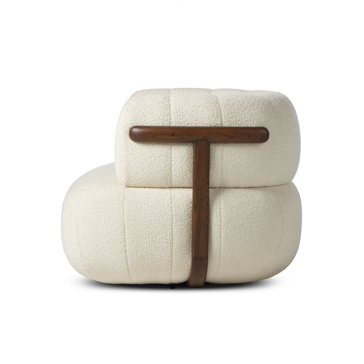 The Media Style Swivel Chair is a modern, plush cream-colored lounge chair with rounded cushions and a wooden T-shaped back support, thoughtfully designed for comfort, style, and optimal furniture measurements.