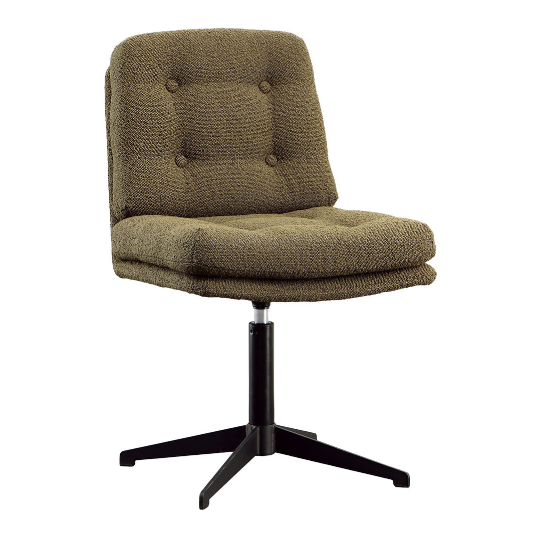 The Green Boucle Side Chair features a tufted backrest, textured fabric upholstery, and a black metal four-legged base. It has a height of 35 inches and width of 25.5 inches.
