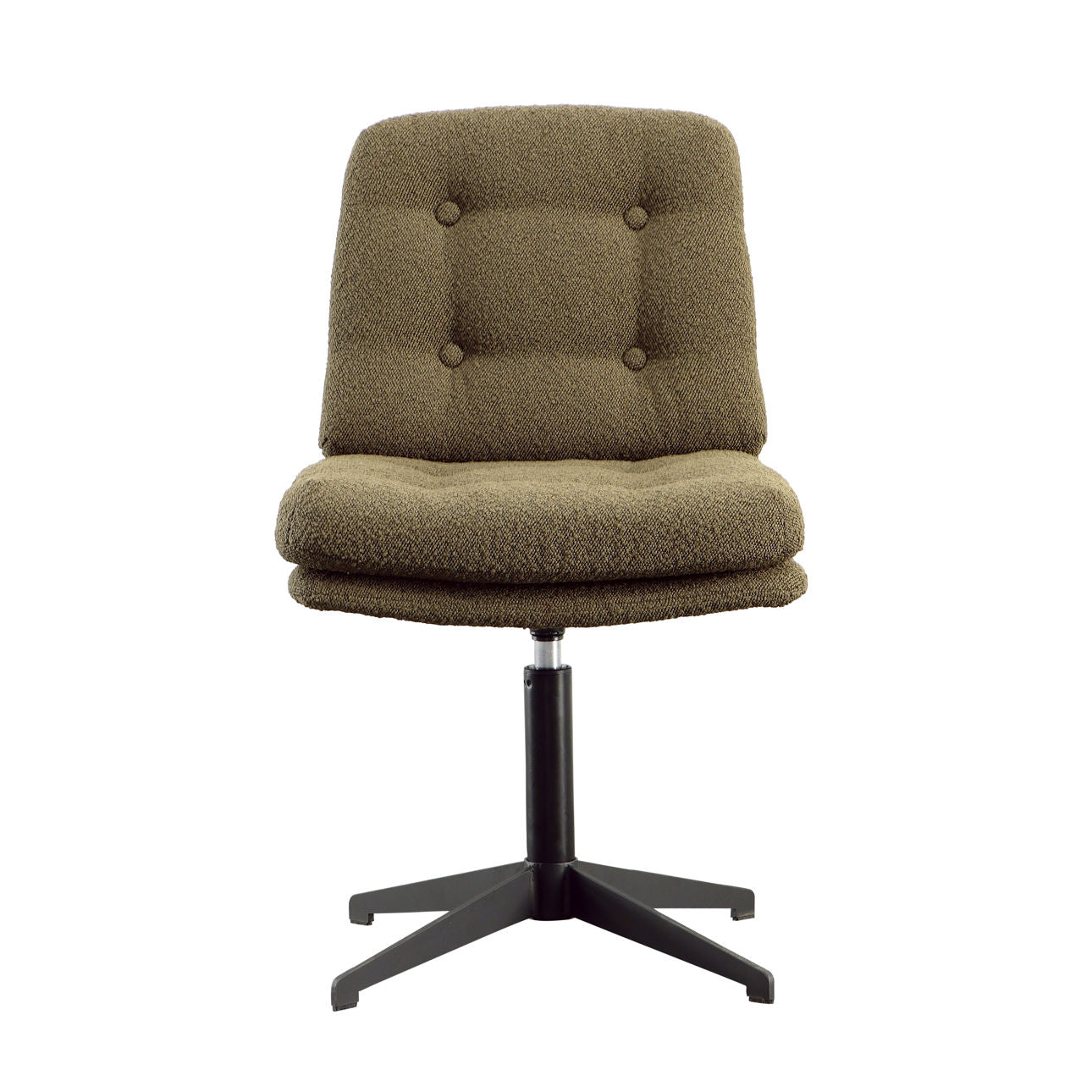The Green Boucle Side Chair features olive green tufted upholstery and a black metal four-leg swivel base, measuring 25.5" wide by 35" high, displayed against a white background in mid-century modern style.