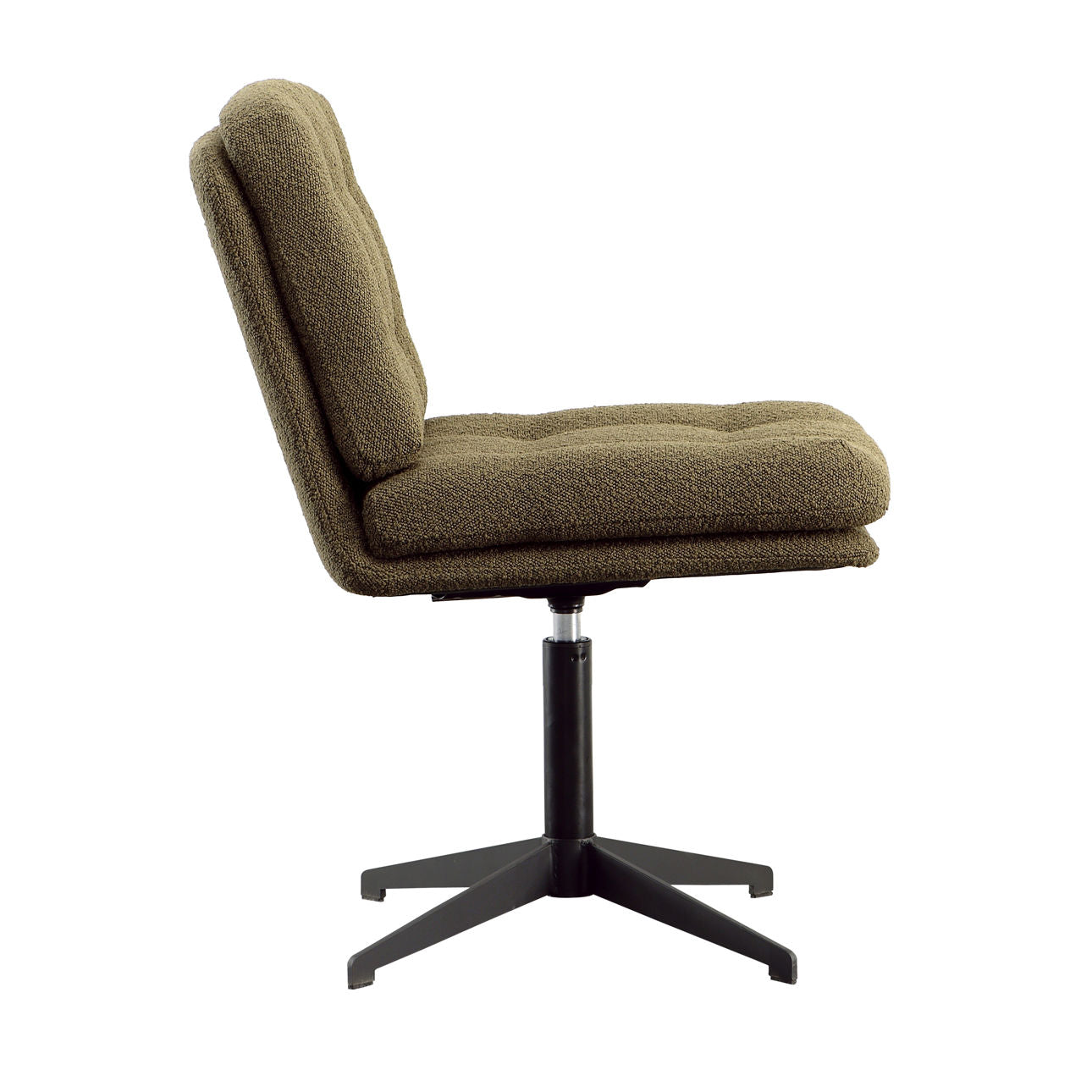 Side view of the Green Boucle Side Chair featuring a green, textured, cushioned seat and backrest, measuring 35" high and 25.5" wide, supported by a black metal pedestal base with four legs.