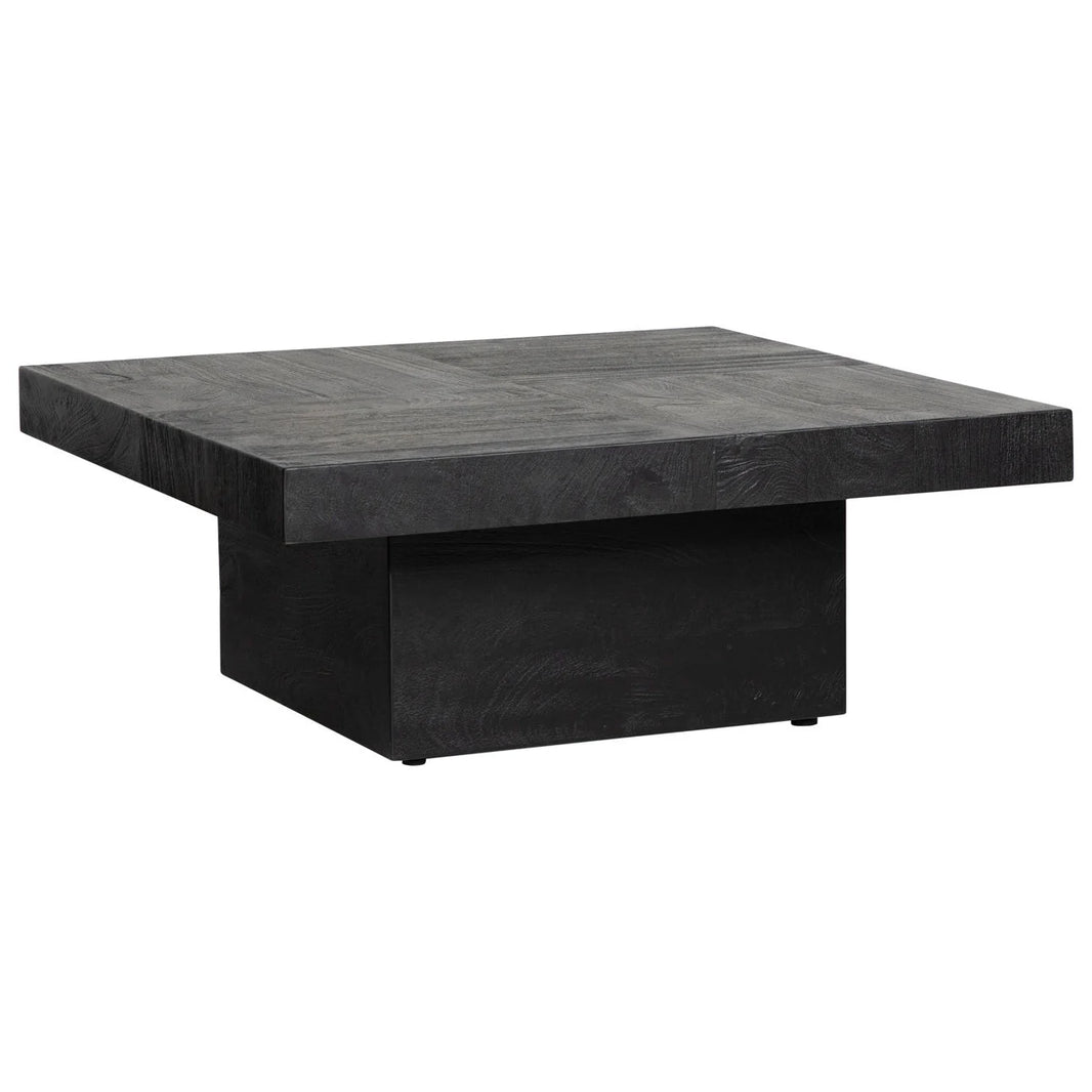 The Black Square Plinth Coffee Table features a thick mango wood top and solid rectangular base with a smooth matte black finish; its 40-inch square design brings modern style and sophistication to any living space.