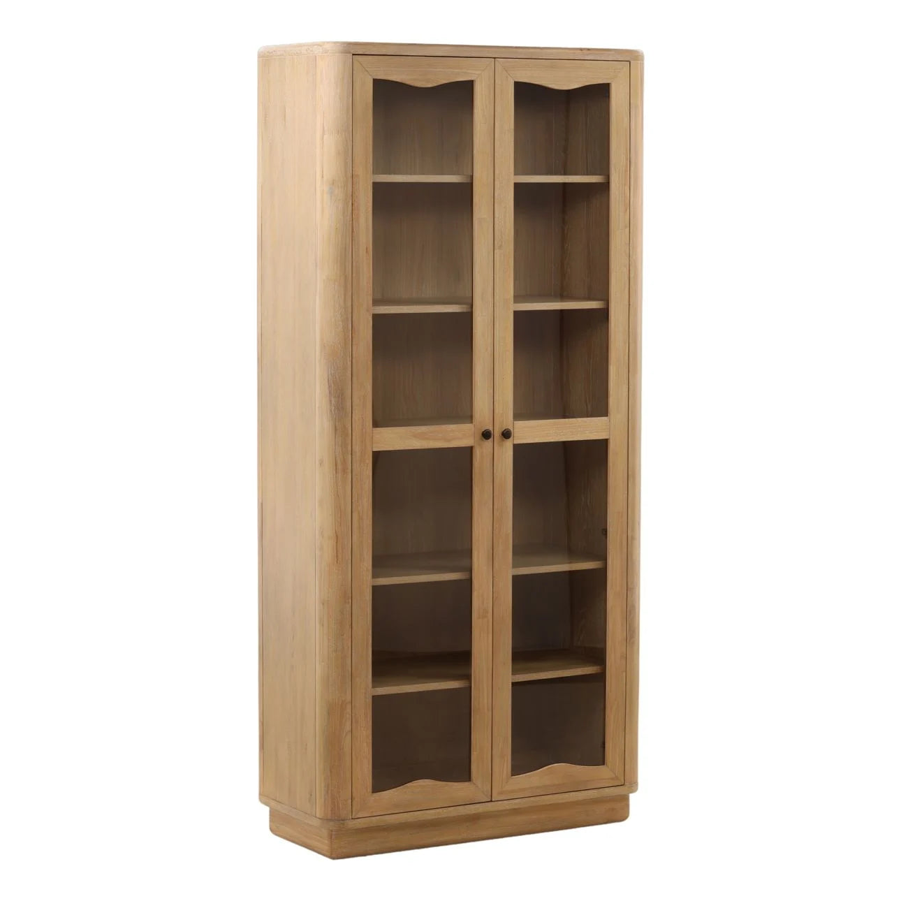 The Natural Oak Veneer Cabinet features tall wooden construction with glass doors, ideal for use as a storage cabinet or shelving unit to display your items.