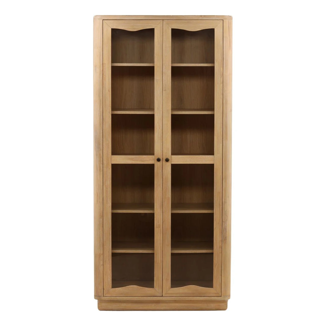 The Natural Oak Veneer Cabinet features two glass-paneled doors, five interior shelves, a flat base, and a natural wood finish in a simple, classic design.