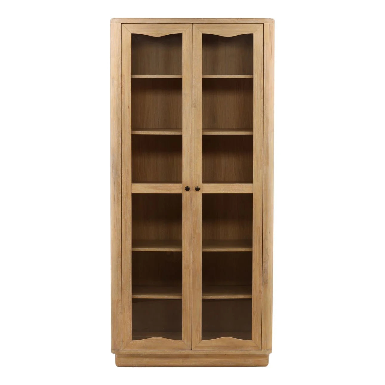The Natural Oak Veneer Cabinet features two glass-paneled doors, five interior shelves, a flat base, and a natural wood finish in a simple, classic design.