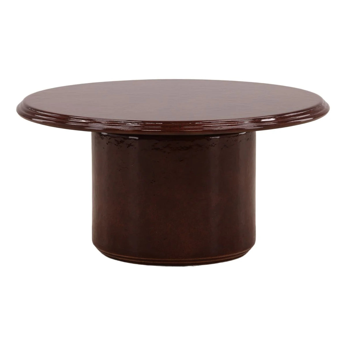 A round Outdoor Red Concrete Coffee Table with a thick, cylindrical base and a smooth, polished surface; perfect as a 31.5 inch table for any space.