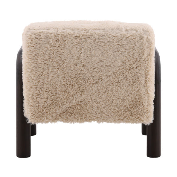 A Fur Armchair with Curved Wooden Frame, featuring a dark brown finish and a beige, shaggy faux fur seat, is displayed from the front against a white background.
