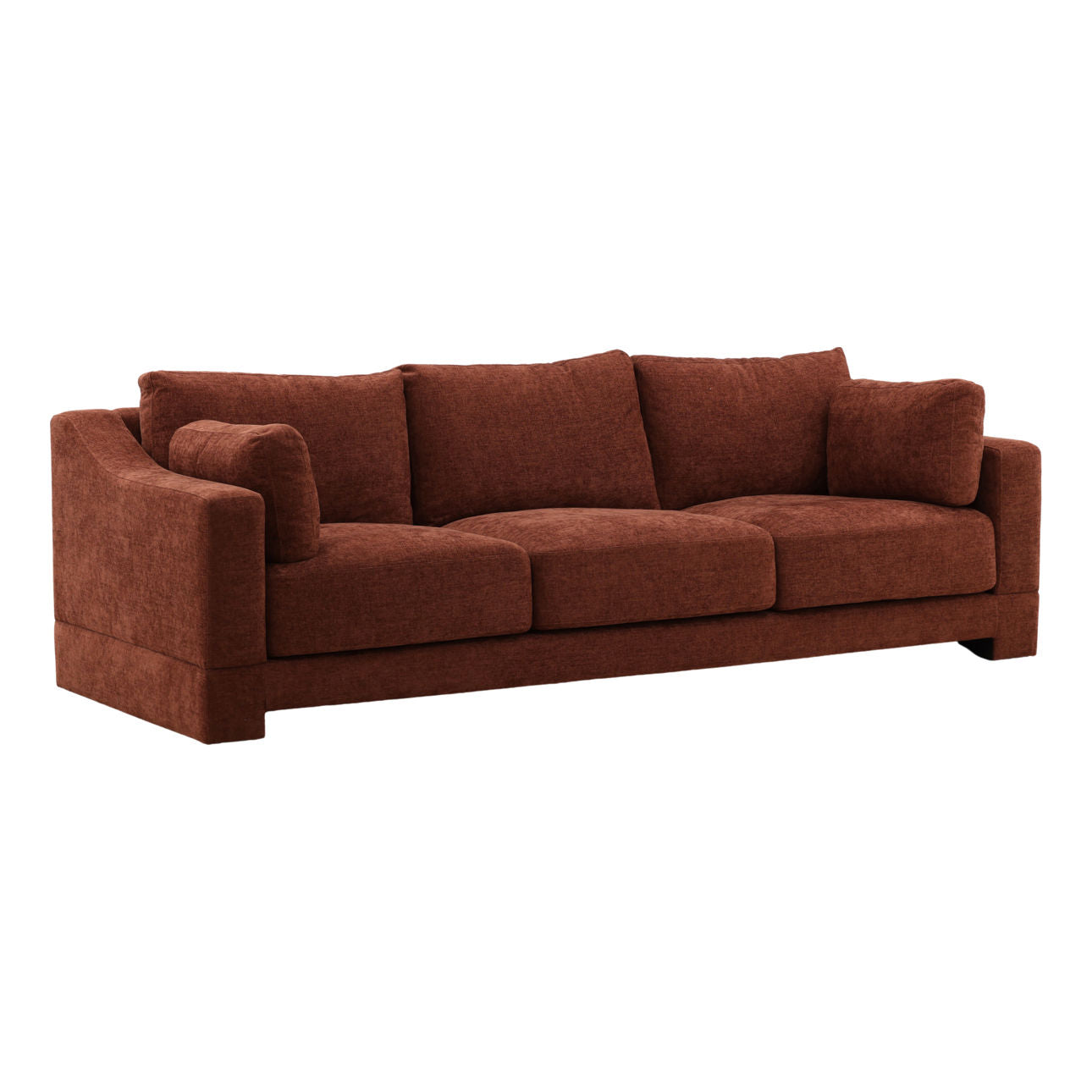 Introducing the Rust Tweed Sofa—a modern three-seater upholstered in rich rust-colored fabric, featuring thick cushions and a low, slightly curved backrest with square armrests. Designed with generous seat depth, this sofa combines style and exceptional comfort for your living space.