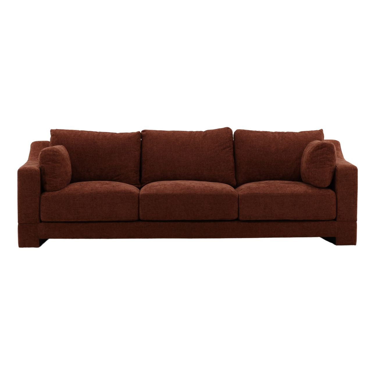 Introducing the Rust Tweed Sofa—a modern three-seater upholstered in rich dark brown fabric. It features straight arms, plush seat and back cushions, and two round side pillows. Thoughtfully designed dimensions and generous seat depth offer exceptional comfort and ample space for relaxation.