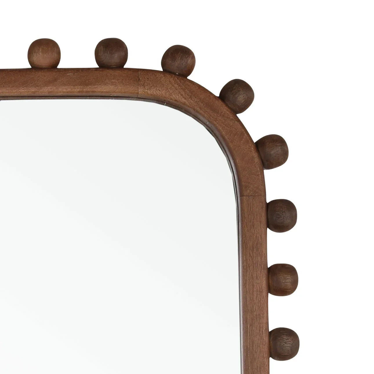 A close-up of the Mango Wood Mirror, measuring 47" high by 35" wide. It features a wooden frame with rounded edges and evenly spaced round wooden knobs, adding wall art appeal to any room.