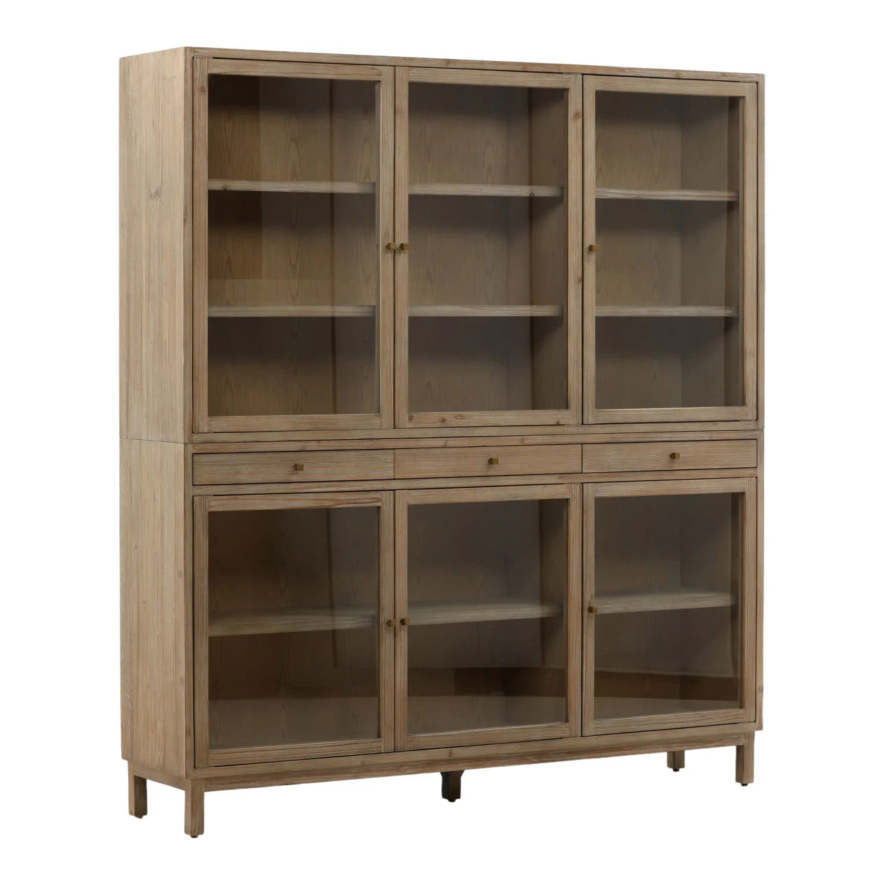 The Pine Wood Large Cabinet is a 71-inch bookshelf with six glass doors—three above, three below—interior shelves, small knobs, short legs, and a natural wood finish.