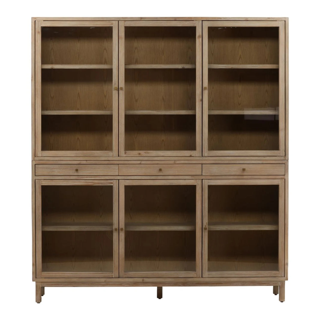 The Pine Wood Large Cabinet stands 71 inches tall with a natural finish, featuring six glass doors—three upper and three lower compartments with shelves—and three drawers between the sections.
