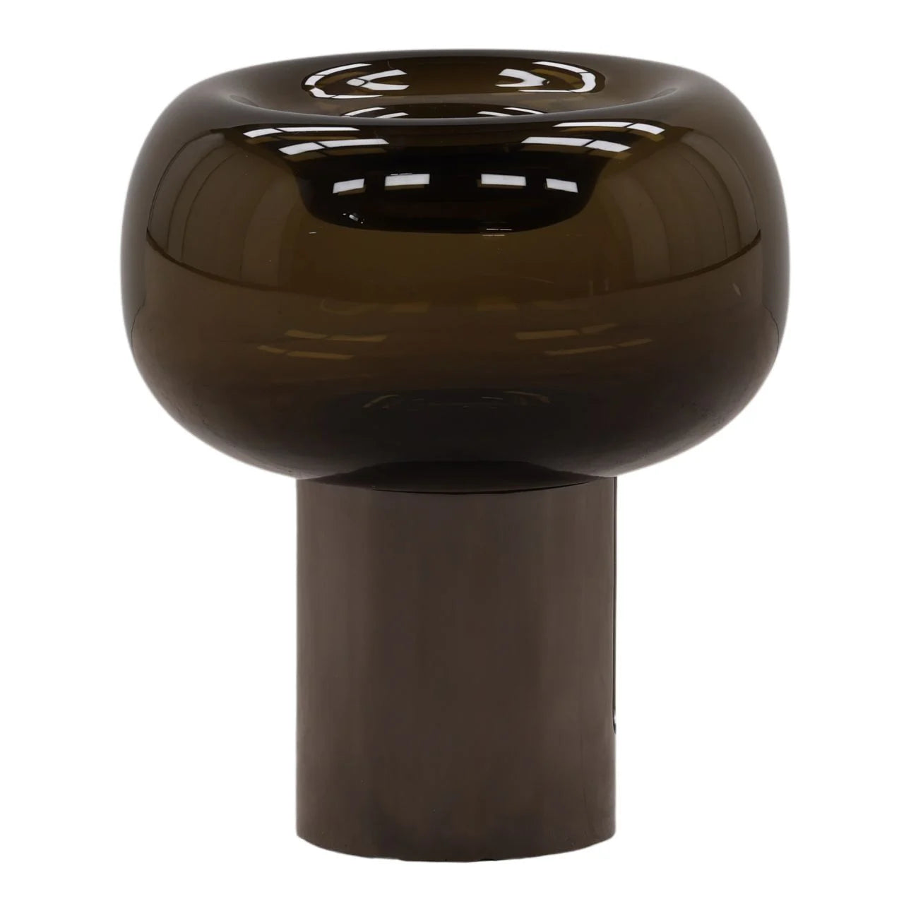 A modern, glossy Dark Green Glass Vase - Small with a rounded top and cylindrical base, measuring 9" H x 7.5" W, is shown against a plain white background.