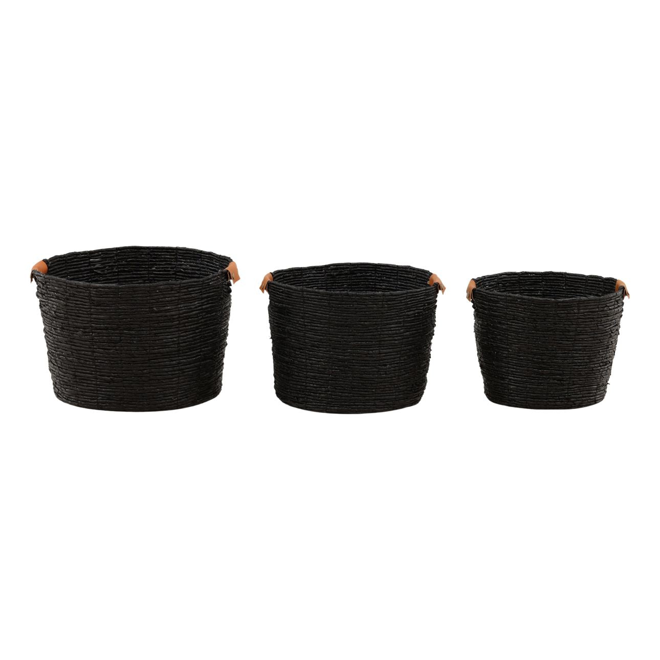 The Leather Detail Woven Basket (Set of 3) includes large, medium, and small black woven baskets with brown handles, arranged side by side against a white background.