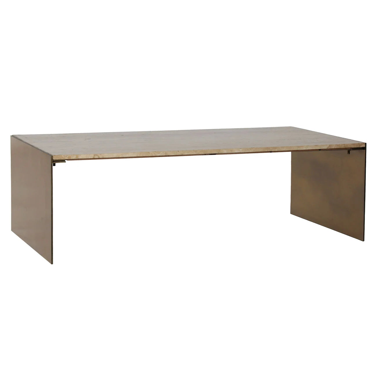 The Travertine & Iron Rectangular Coffee Table features a minimalist design with a light travertine top and two sturdy iron side panels, offering clean lines and a modern look without visible ornamentation.