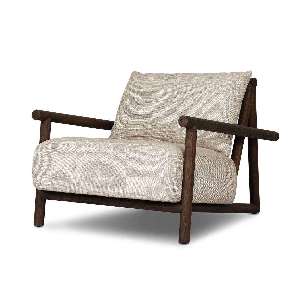The Cardiff Outdoor Chair features a cream cushioned seat and backrest, dark wooden frame, wide armrests, angled legs, and open sides for a modern minimalist style.