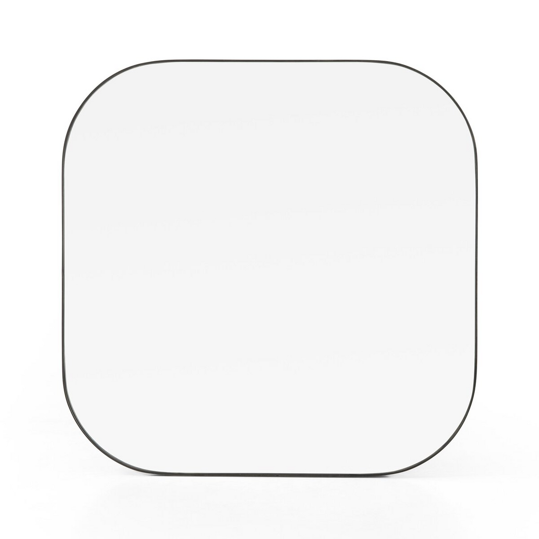 The Bellvue Square Mirror features a square shape with rounded corners and a slim black frame, displayed against a plain white background.