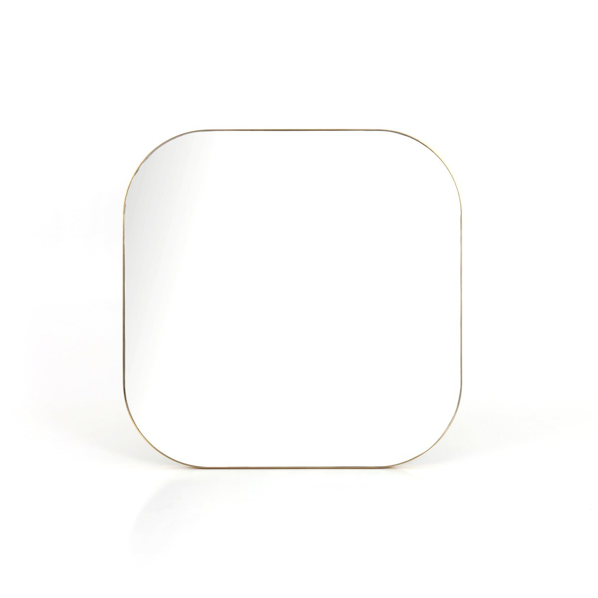 The Bellvue Square Mirror features a square shape with rounded corners and a slim gold frame, shown upright against a plain white background.