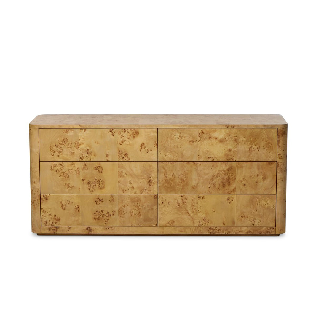 The Burl Wood Dresser - 6 Drawers features a rectangular, light-colored design with a smooth finish, subtle wood grain patterns, and natural color variations for a unique, distinctive look.