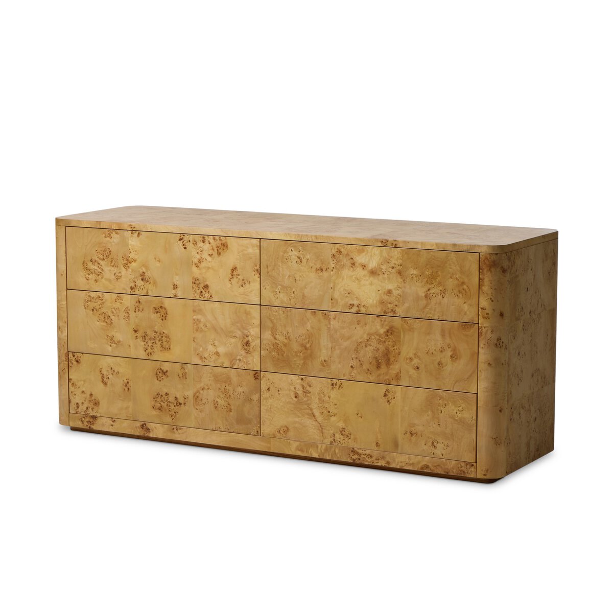 The Burl Wood Dresser - 6 Drawers features a rectangular shape, rounded corners, flat-front drawers, and a light yellowish-brown burl wood finish. Each dresser has subtle color variations, highlighting its unique character.