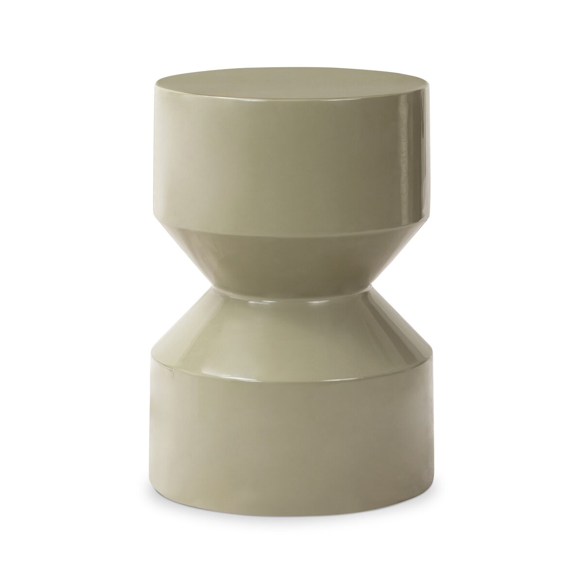 The Moss Lacquered Concrete Outdoor End Table features a glossy, hourglass shape in light moss green with a smooth, reflective surface for modern appeal.