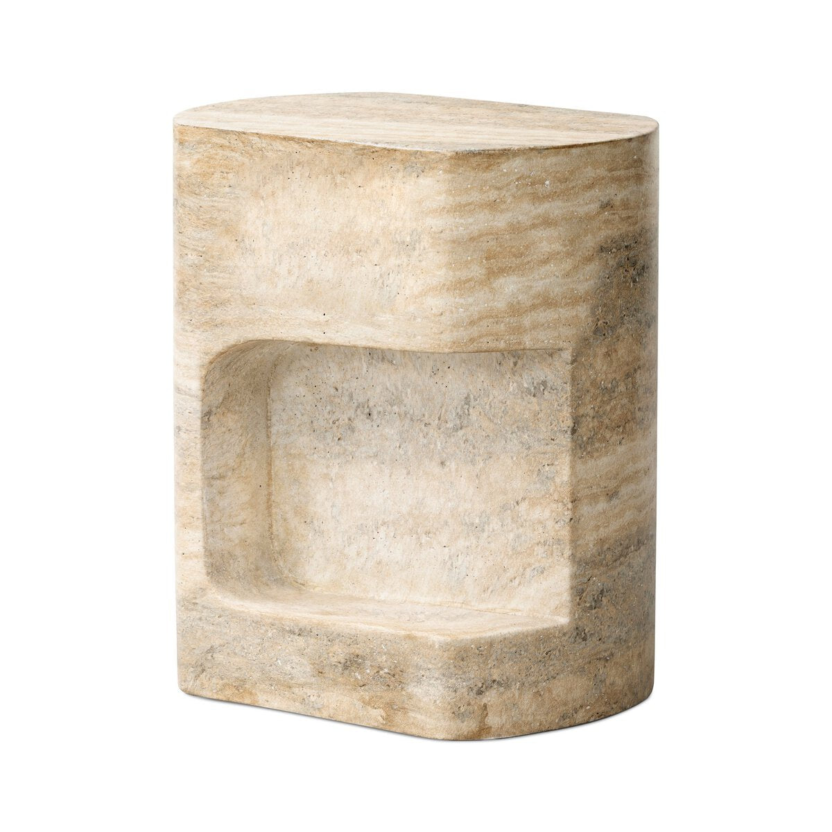 The Textured Concrete End Table features a beige, oval design with a smooth travertine finish and a rectangular side shelf, displayed against a white background.