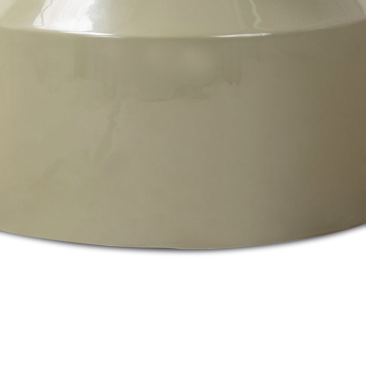 A close-up of the lower portion of a smooth, glossy Moss Laquered Concrete Outdoor End Table in light olive green against a white background.