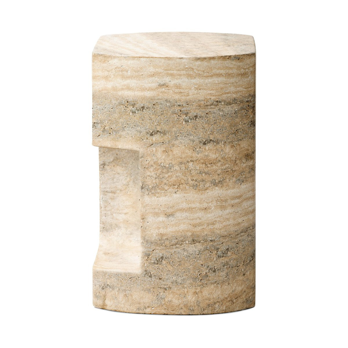 The Textured Concrete End Table features a cylindrical shape with a travertine finish, natural horizontal striations, and a unique rectangular cut-out on one side—perfect as a standout accent or end table.