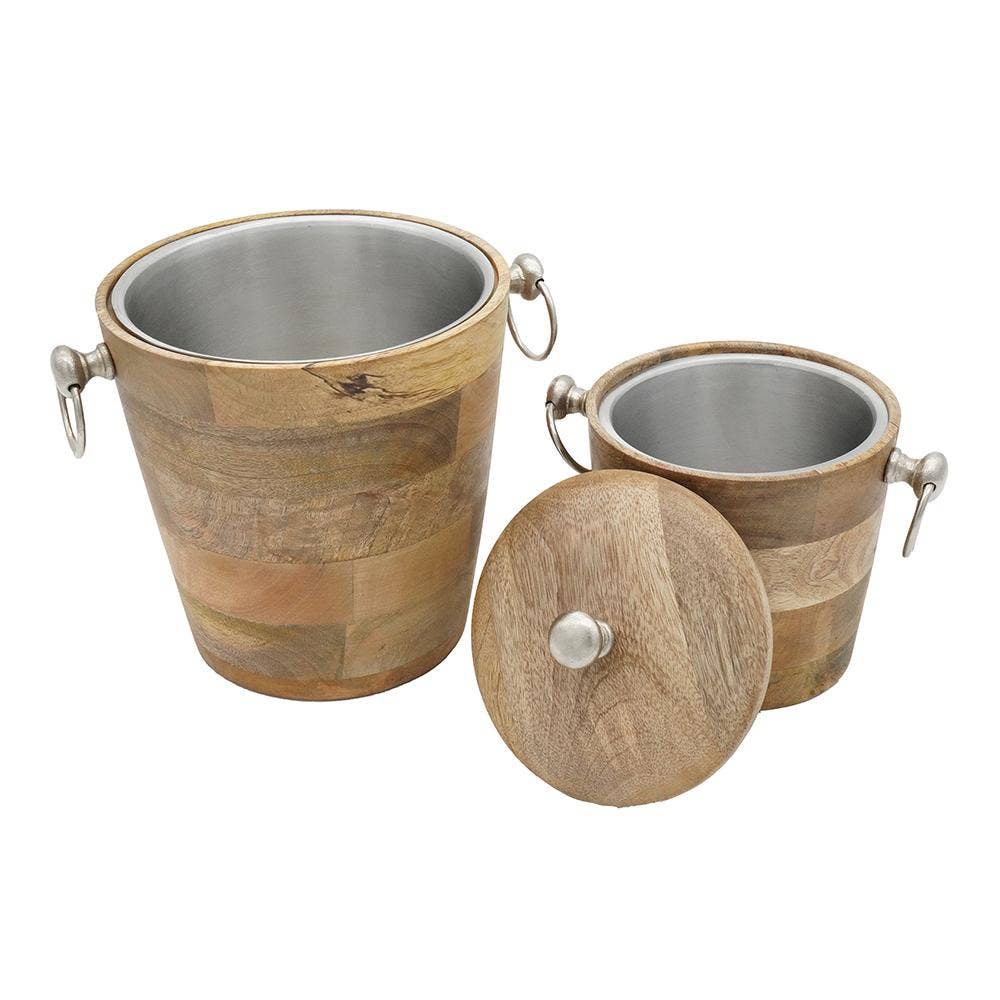 The Mango Wood Bar Buckets (Set of 2) come with lids, making them perfect for use as beverage coolers or stylish drink storage—ideal bar buckets for any occasion.