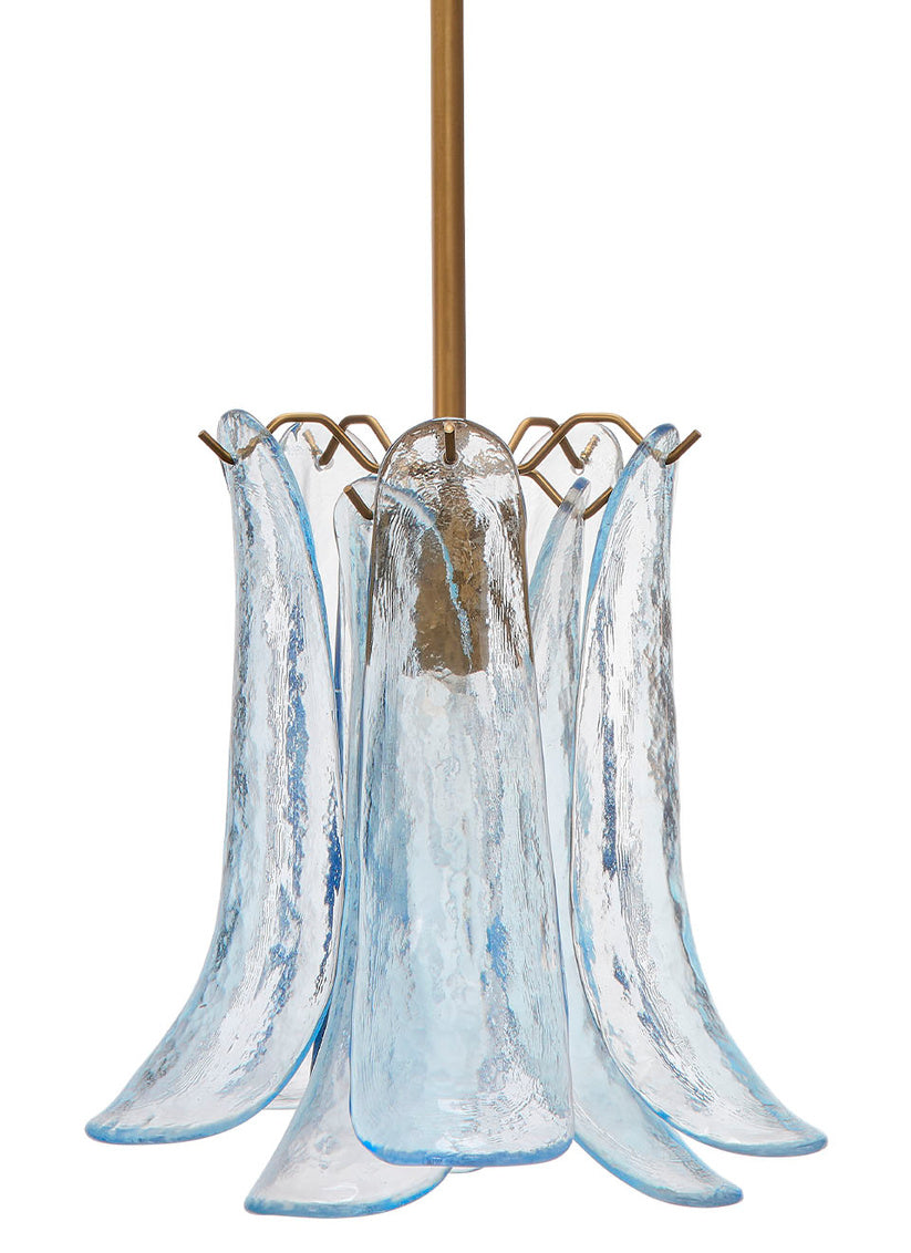 Introducing the Smoke Green Glass Petal Pendant—an artisan-crafted hanging light featuring curved, textured glass panels that resemble delicate flower petals, each edged in soft blue and green tones and suspended from an antique brass rod. This captivating pendant is designed to beautifully illuminate any space.