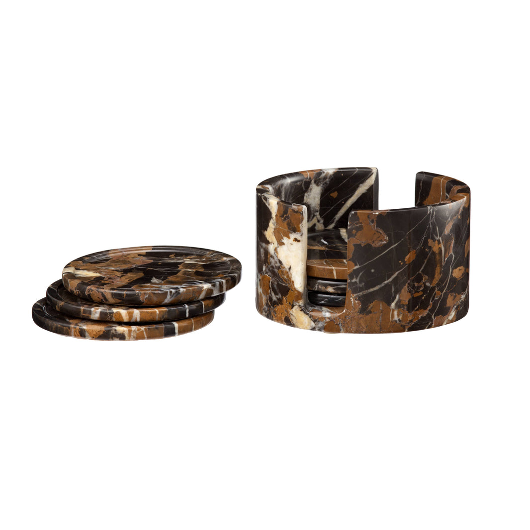The Dionysus Collection Black & Gold Marble 6 Piece Coaster Set features round, polished marble coasters with striking patterns, displayed stacked in a matching holder and partially fanned out for an elegant look.