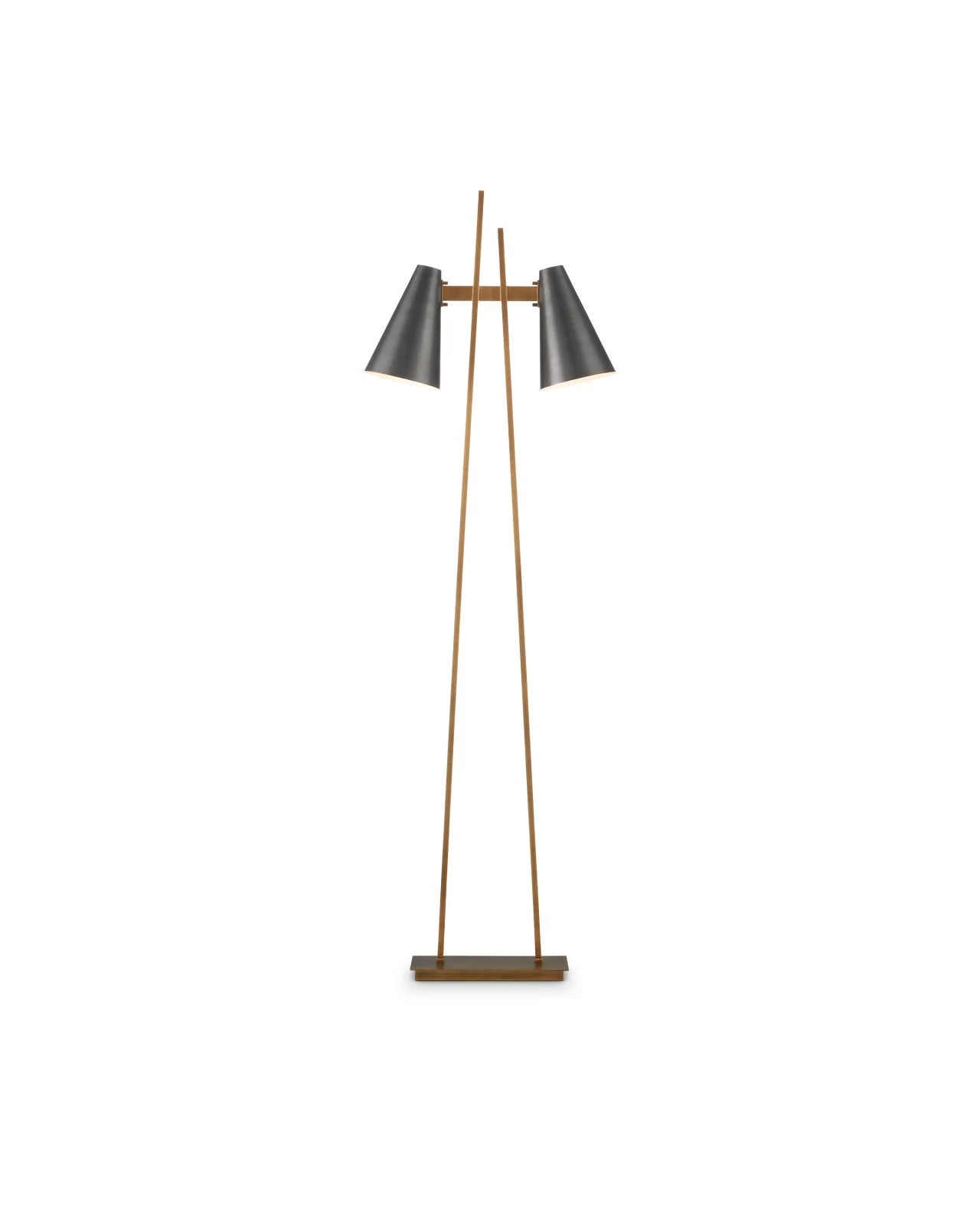 The Dual Head Floor Lamp features a slim brass-tone metal frame with two opposite-facing black cone shades in a minimalist geometric design. Overall dimensions: 63.5"h x 20.25"w x 7"d.