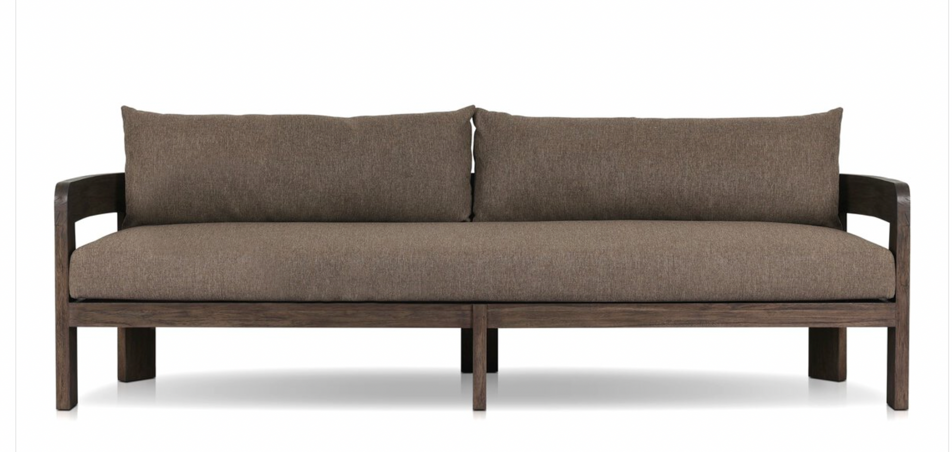 The Jackson Outdoor Sofa is a modern piece with brown upholstery and teak frame, featuring two back cushions, a wide seat, minimalist straight lines, and open armrests.